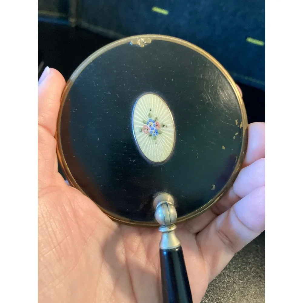 Vintage Guilloche Enamel Hand‎ Mirror Floral Brass Black Vanity Dresser Mirror
